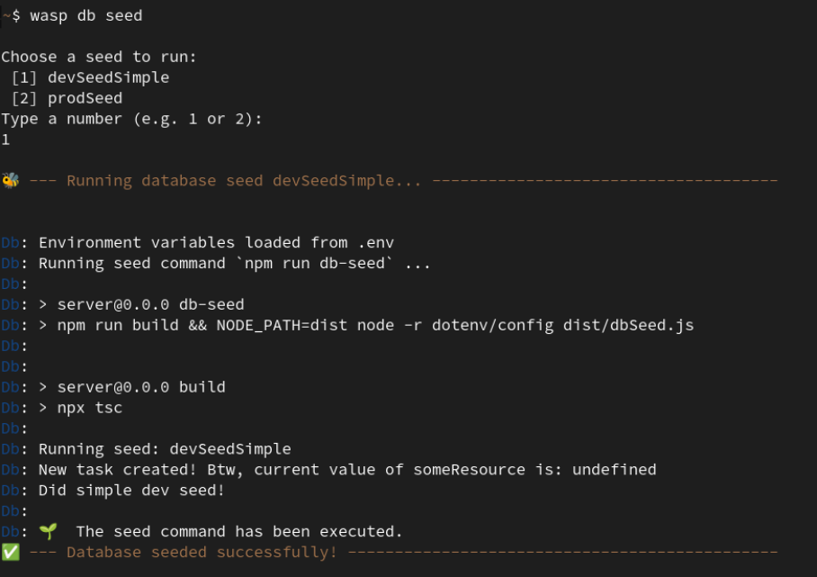 wasp db seed running in terminal