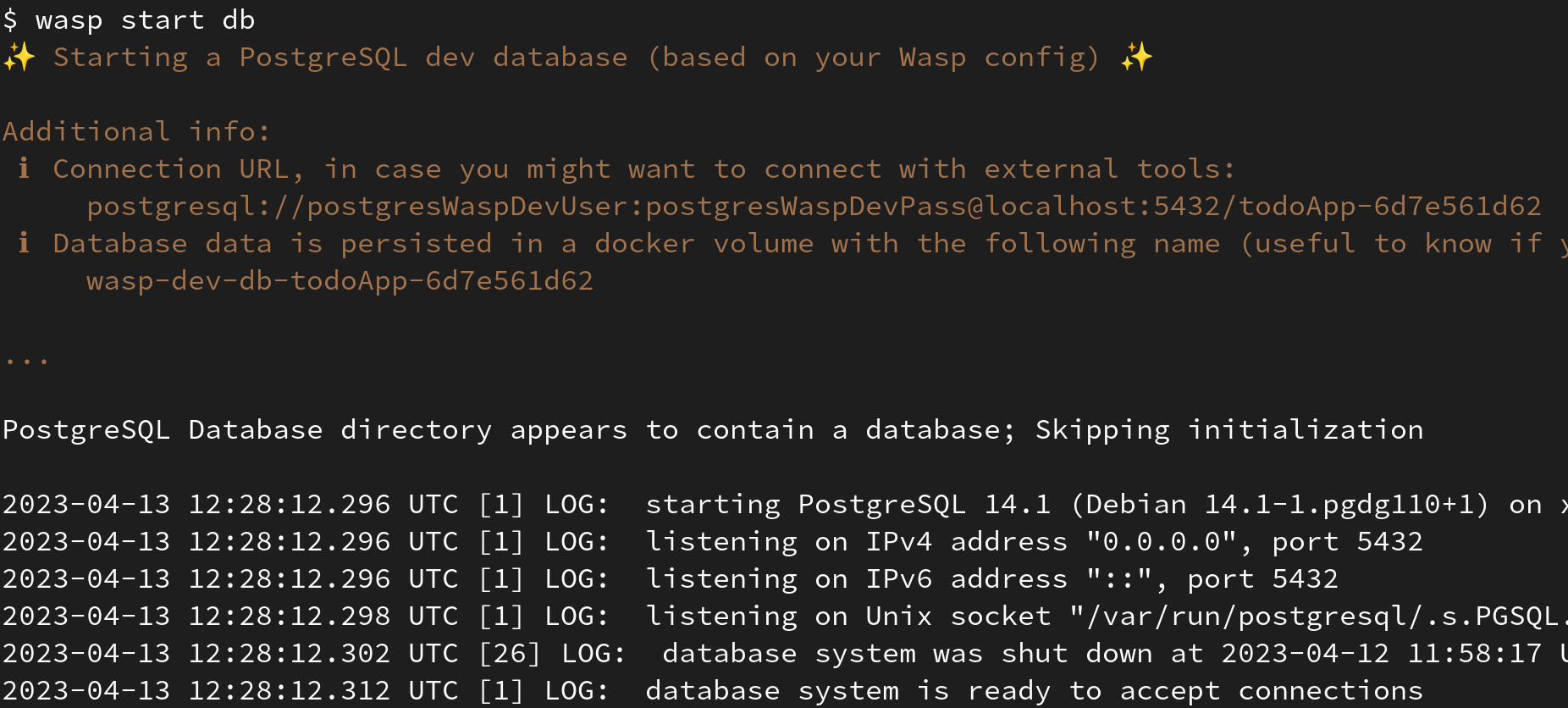 wasp start db running in terminal