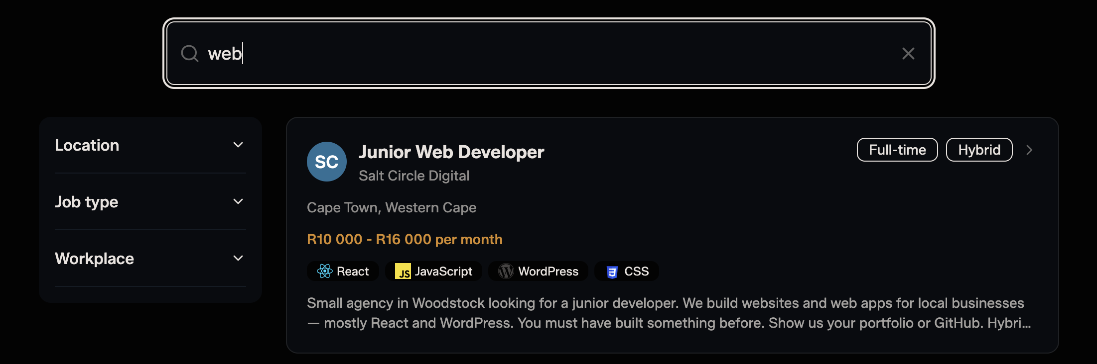Hireveld job search showing filters and a Junior Web Developer listing